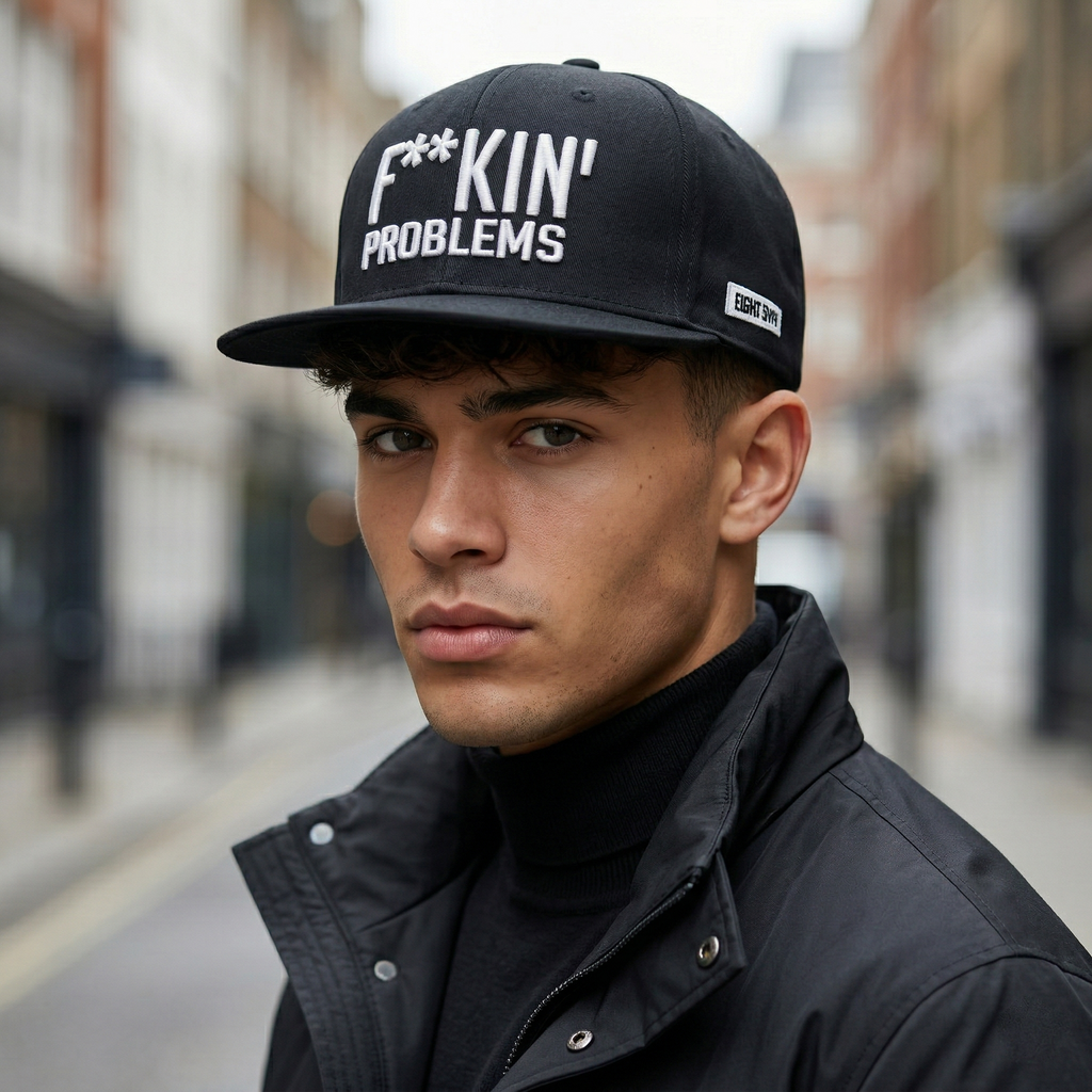Eight Five "F**kin' Problems" Black Snapback Hat - Streetwear Graphic Cap