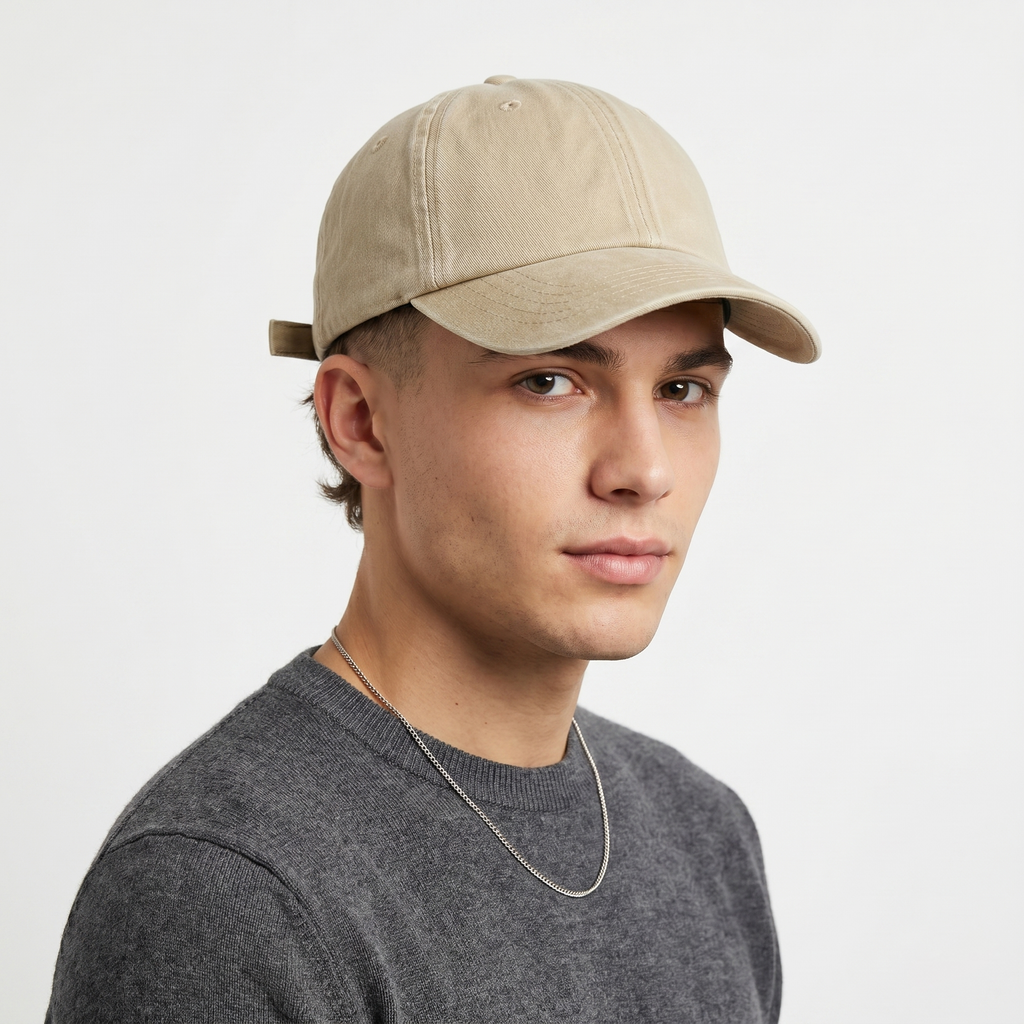 Thrifted Beechfield Blank Distressed Baseball Cap - Sand Khaki (56-58cm)