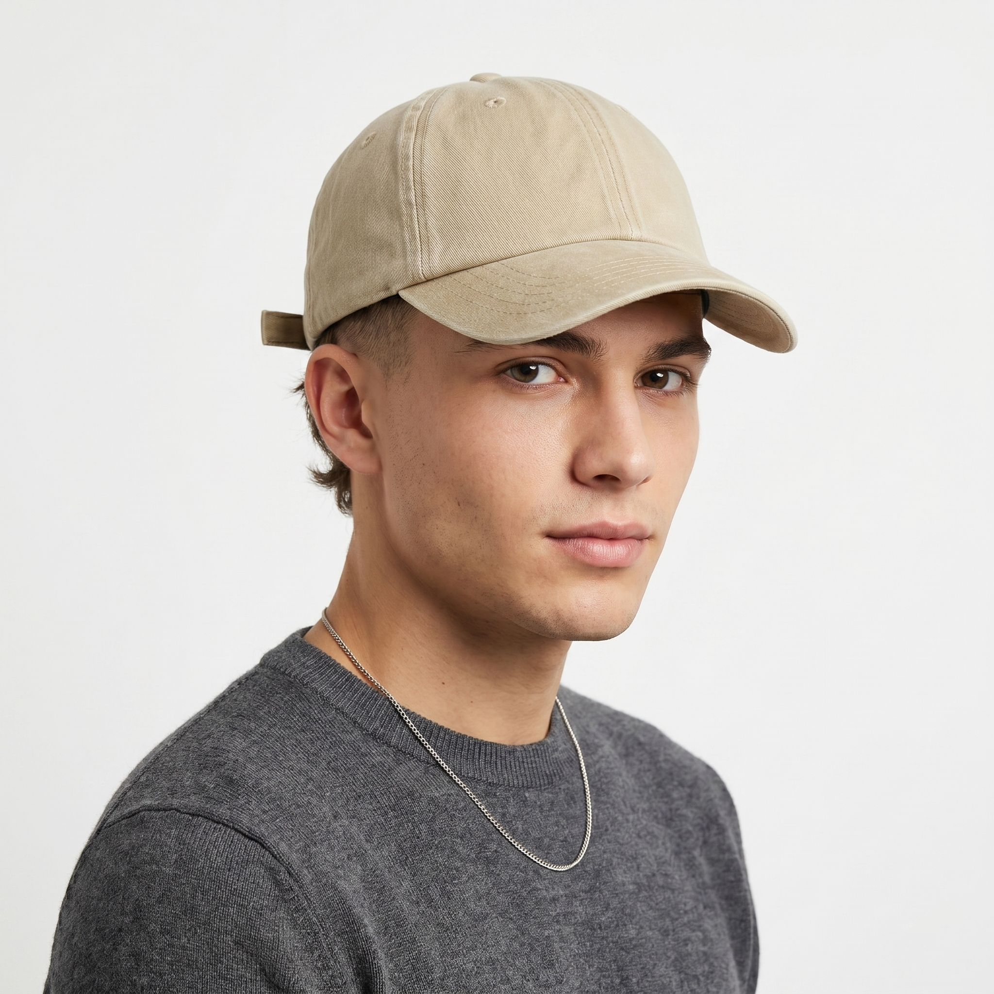 Thrifted Beechfield Blank Distressed Baseball Cap - Sand Khaki (56-58cm)