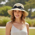 Shoopen Accessories Beige Straw Thrifted Sun Hat with Black Bow