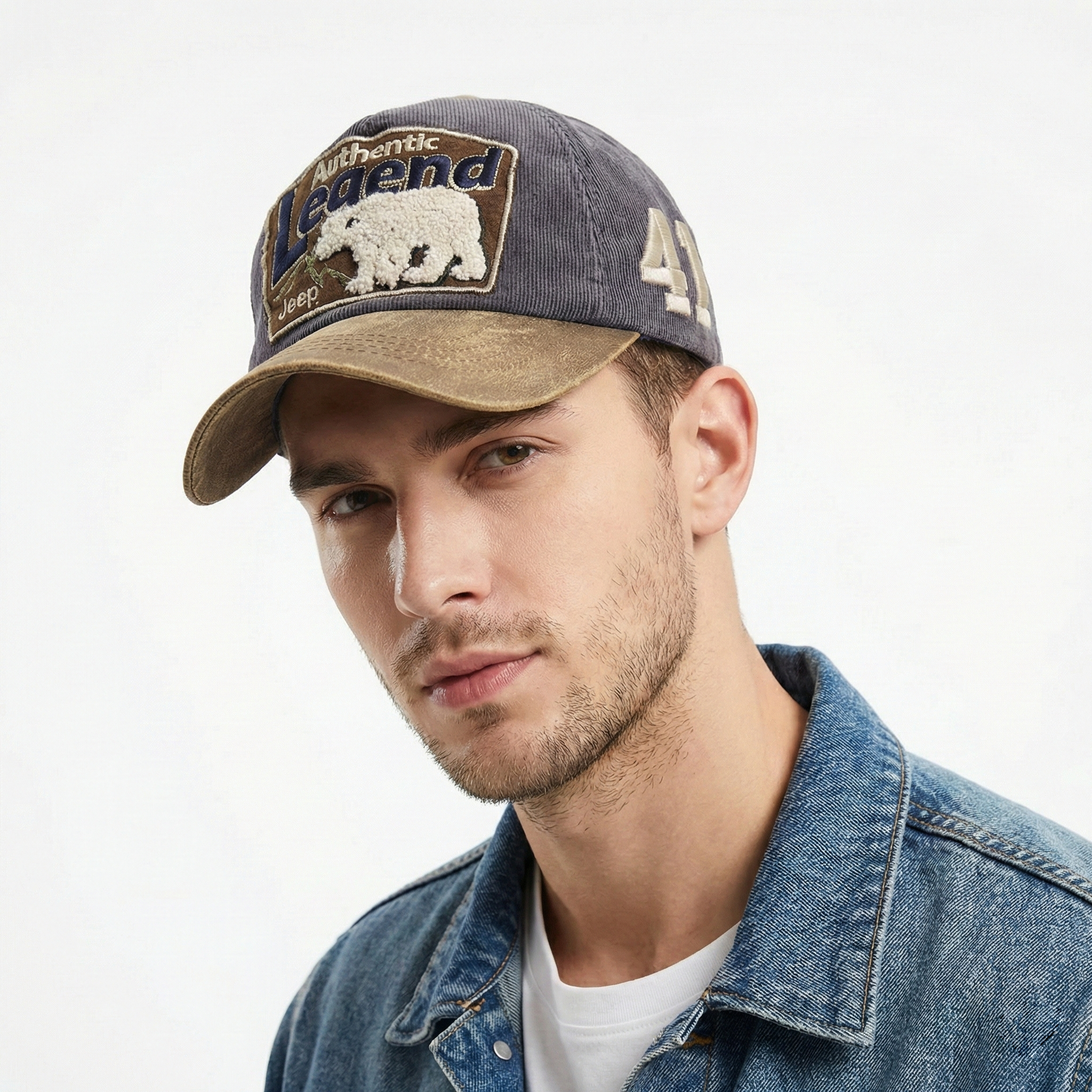 Vintage Jeep Polar Bear Patch Strapback Thrifted - Distressed Corduroy Hat
