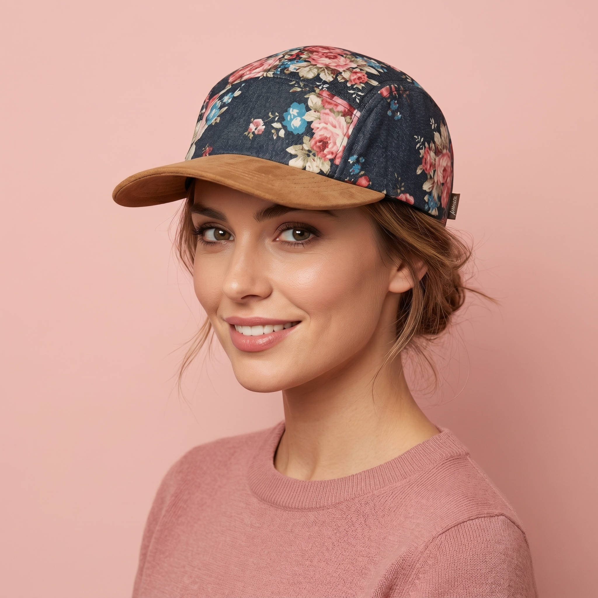 Vintage Floral 5-Panel Camp Hat – Denim & Suede Streetwear Cap