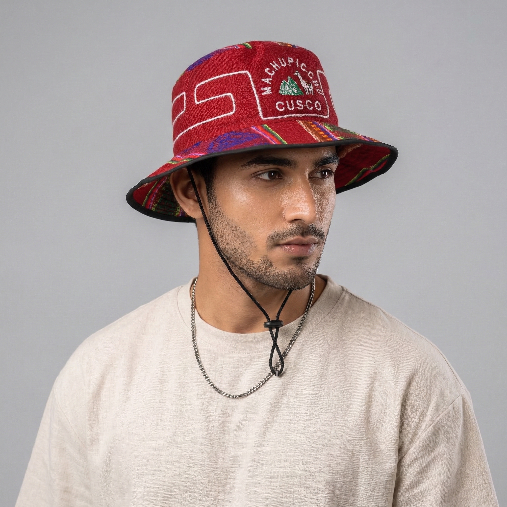 Andean Pattern Machu Picchu Sun Hat – Red Boho Waterproof Bucket Hat