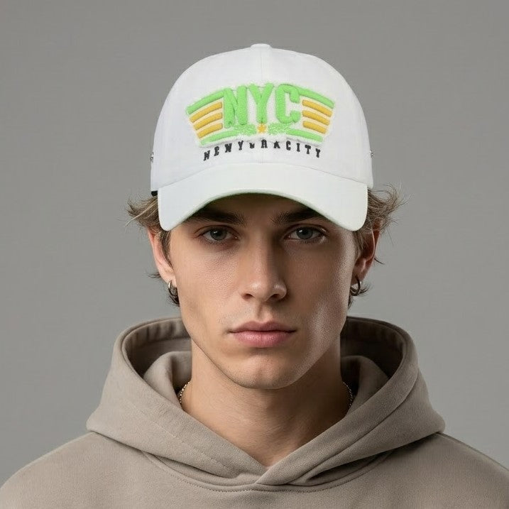 Thrifted New York City White Canvas Baseball Cap | Neon Green Brim