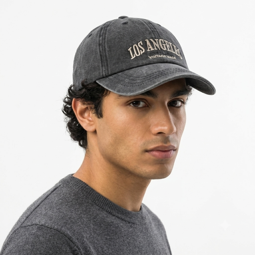 Thrifted Acid Wash Black "Los Angeles Vintage Made" Strapback Cap | 10807