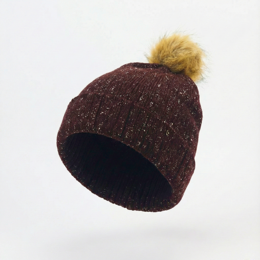 Deep Red Glitter Winter Hat with Tan Pom Pom - Shimmery Cuffed Cap
