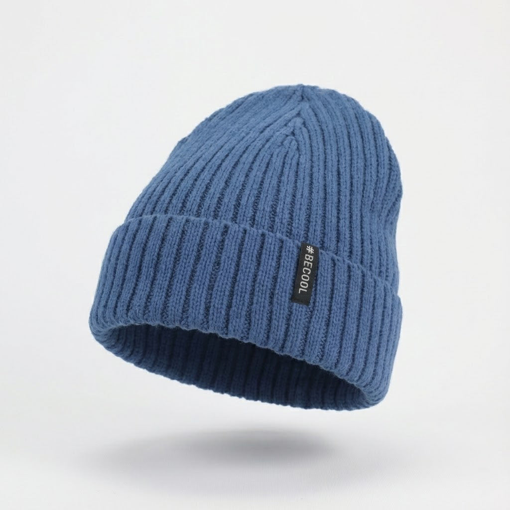 #BECOOL Blue Ribbed Knit Thrifted Beanie - Cuffed Winter Hat