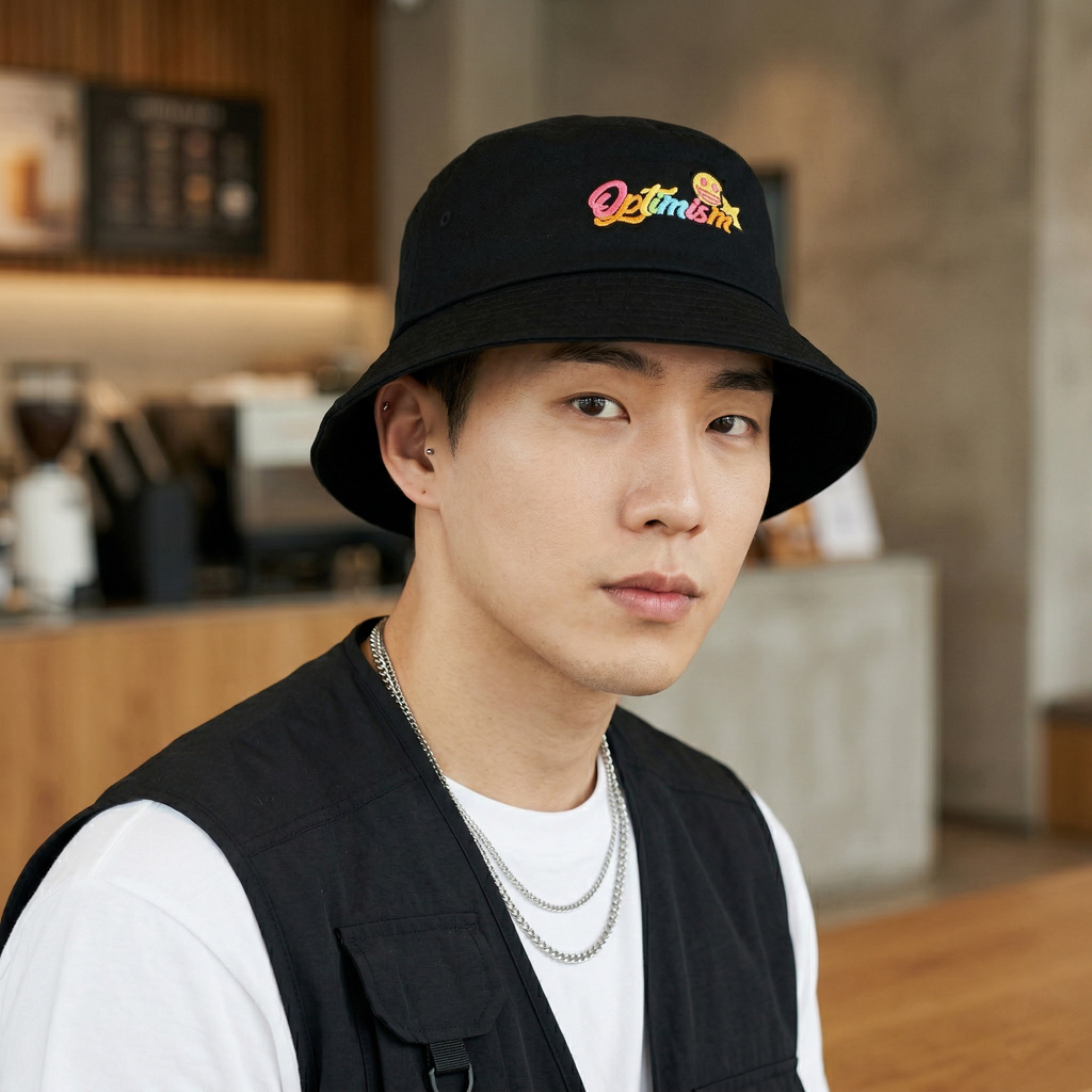 Official Emoji Brand "Optimism" Black Thrifted Bucket Hat | Size 57cm