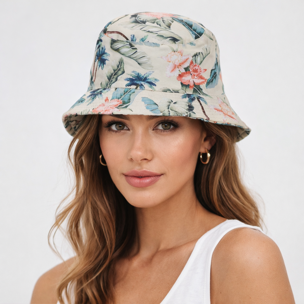 Tropical Floral Bucket Hat - Beige Summer Sun Hat with Palm Prints