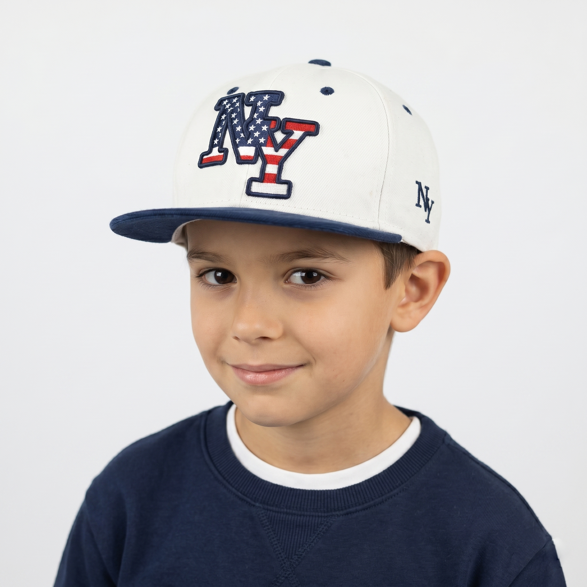 Thrifted NY USA Flag Embroidered White Snapback Cap