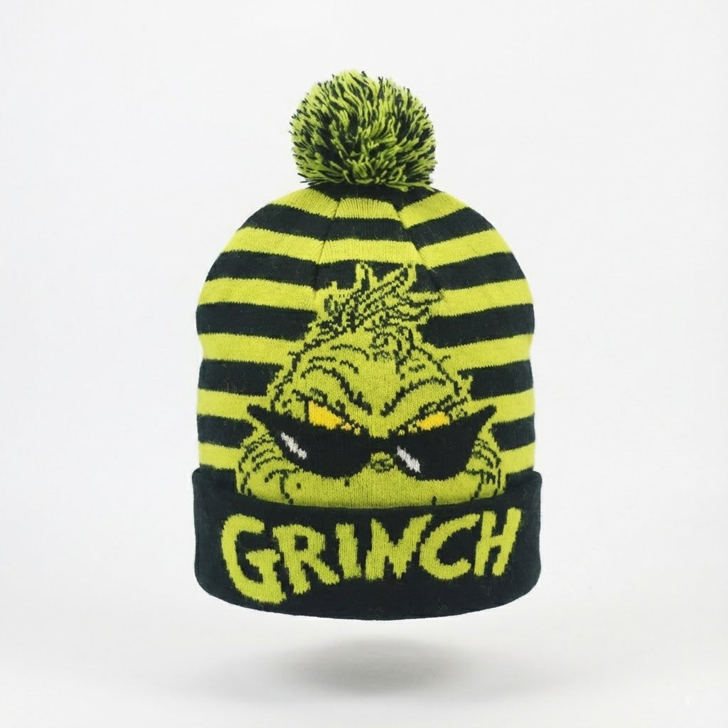 Dr. Seuss The Grinch Kids Winter Thrifted Beanie - Striped Pom Pom Hat (6-12 Years)