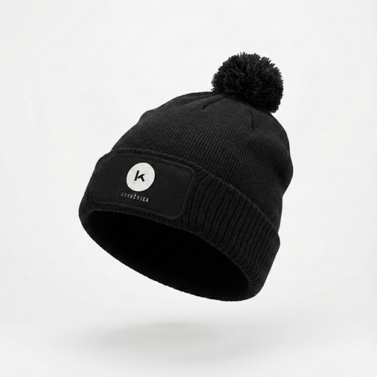 Beechfield Black Knit Beanie with Pom Pom & Kovačnica Logo Patch