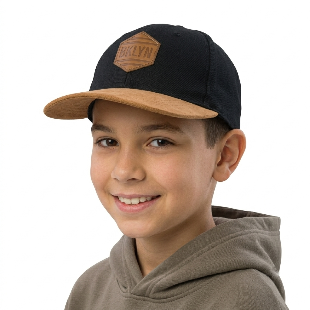 Thrifted BKLYN Leather Patch Black & Brown Snapback Hat | 10763
