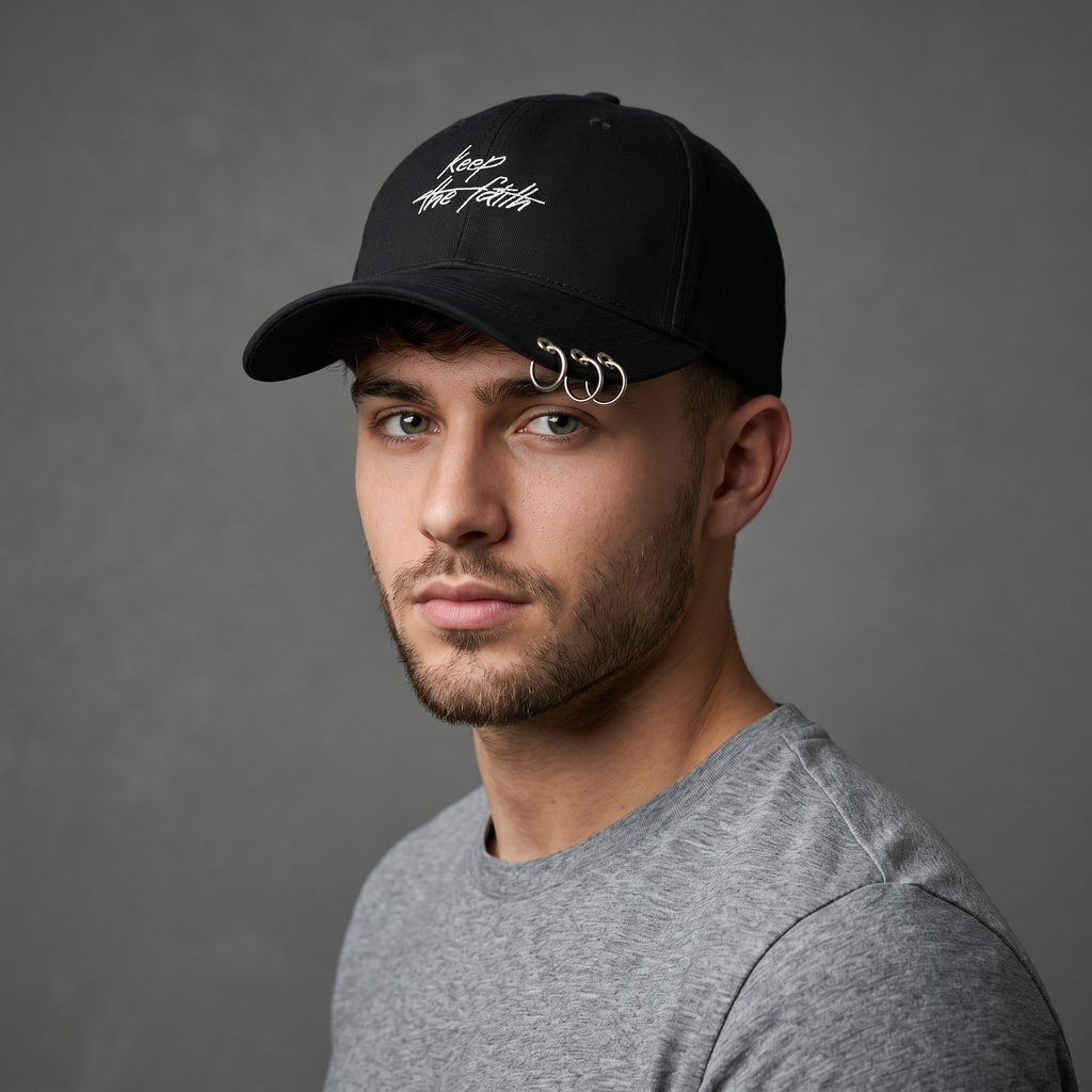 "Keep the Faith" Script Embroidered Cap with Metal Rings