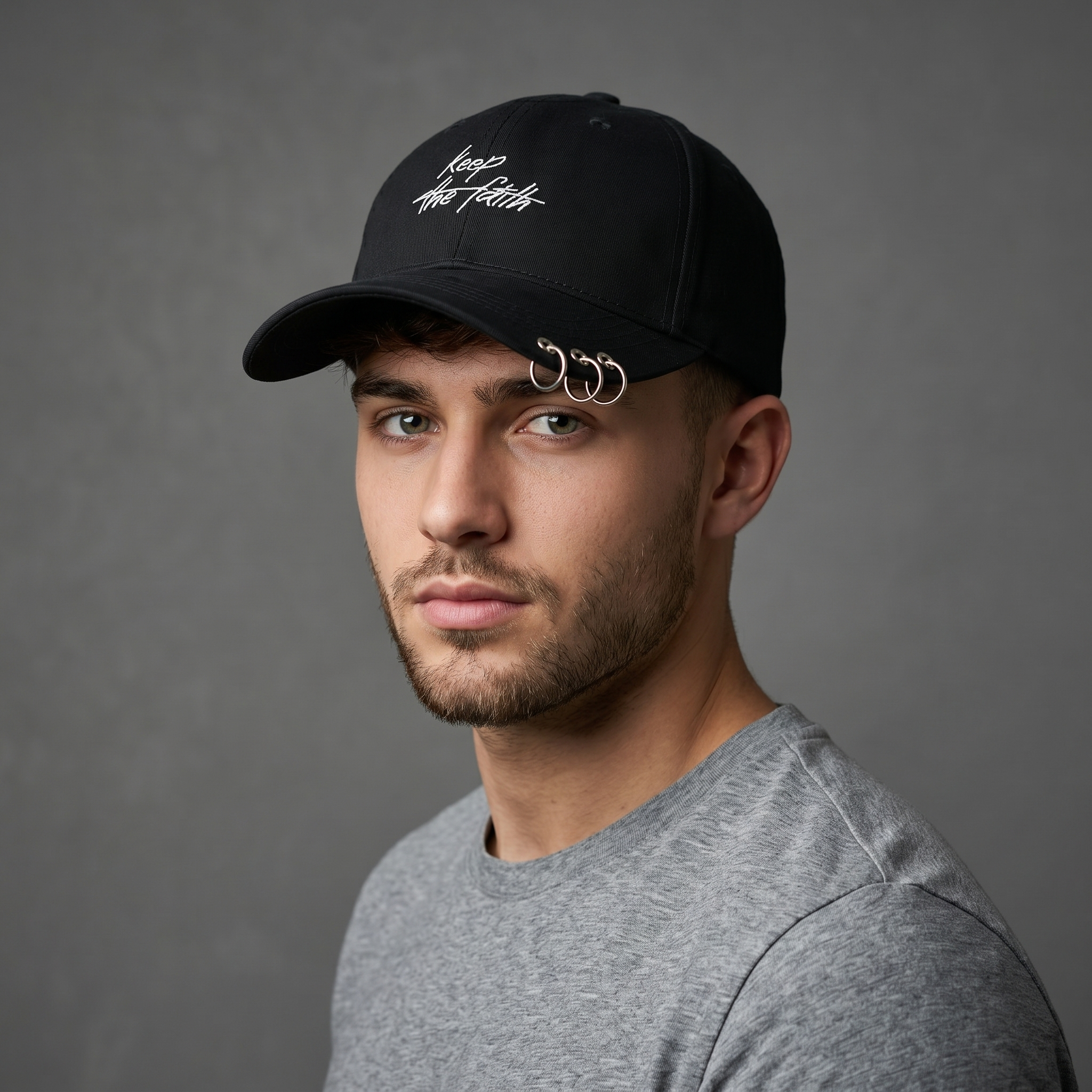 "Keep the Faith" Script Embroidered Cap with Metal Rings