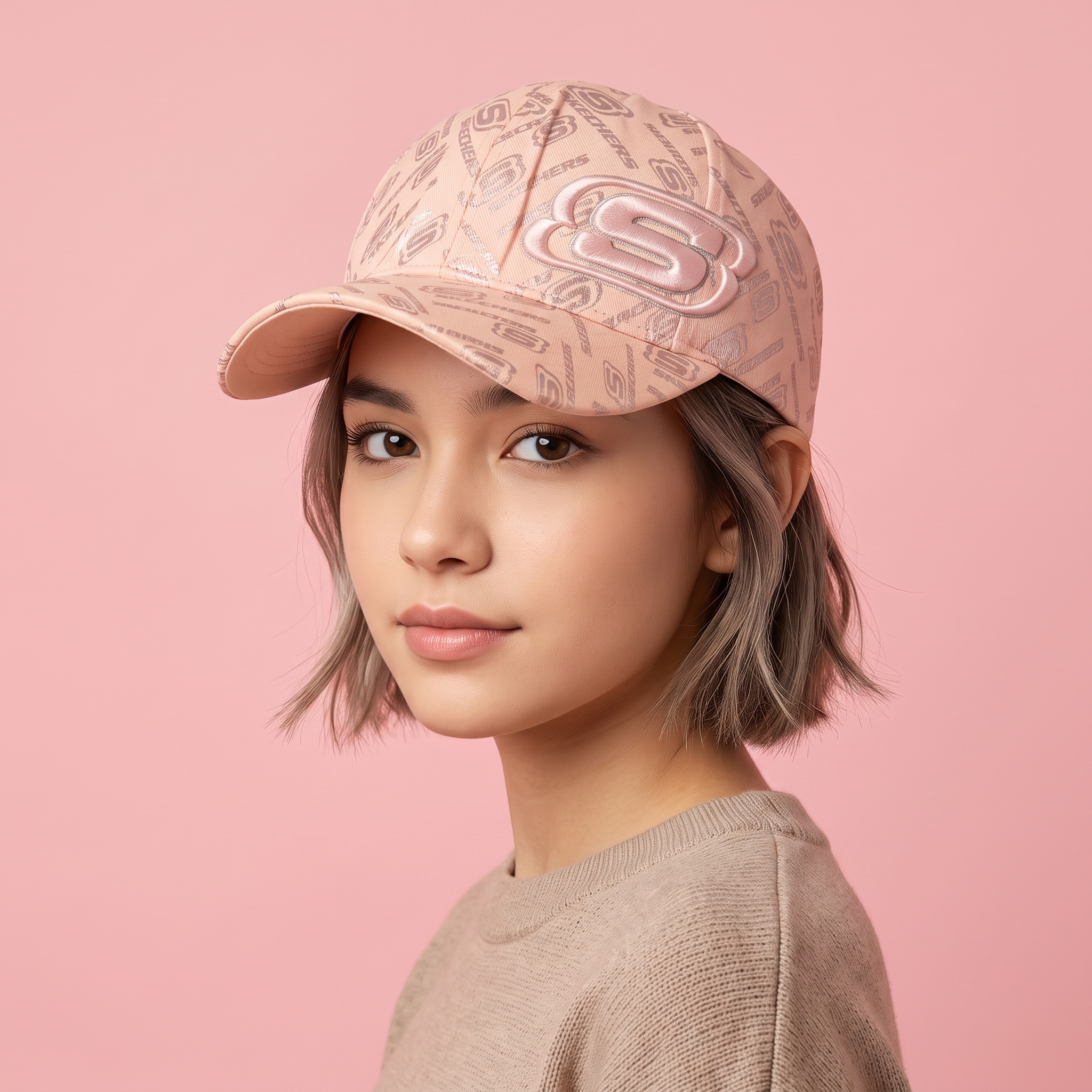Thrifted Skechers Pink Metallic Monogram Embroidered Strapback Hat