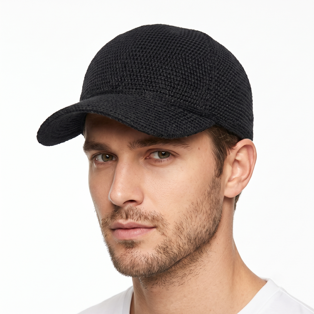 Thrifted Minimalist Solid Black Crochet Knit Baseball Cap | 10140
