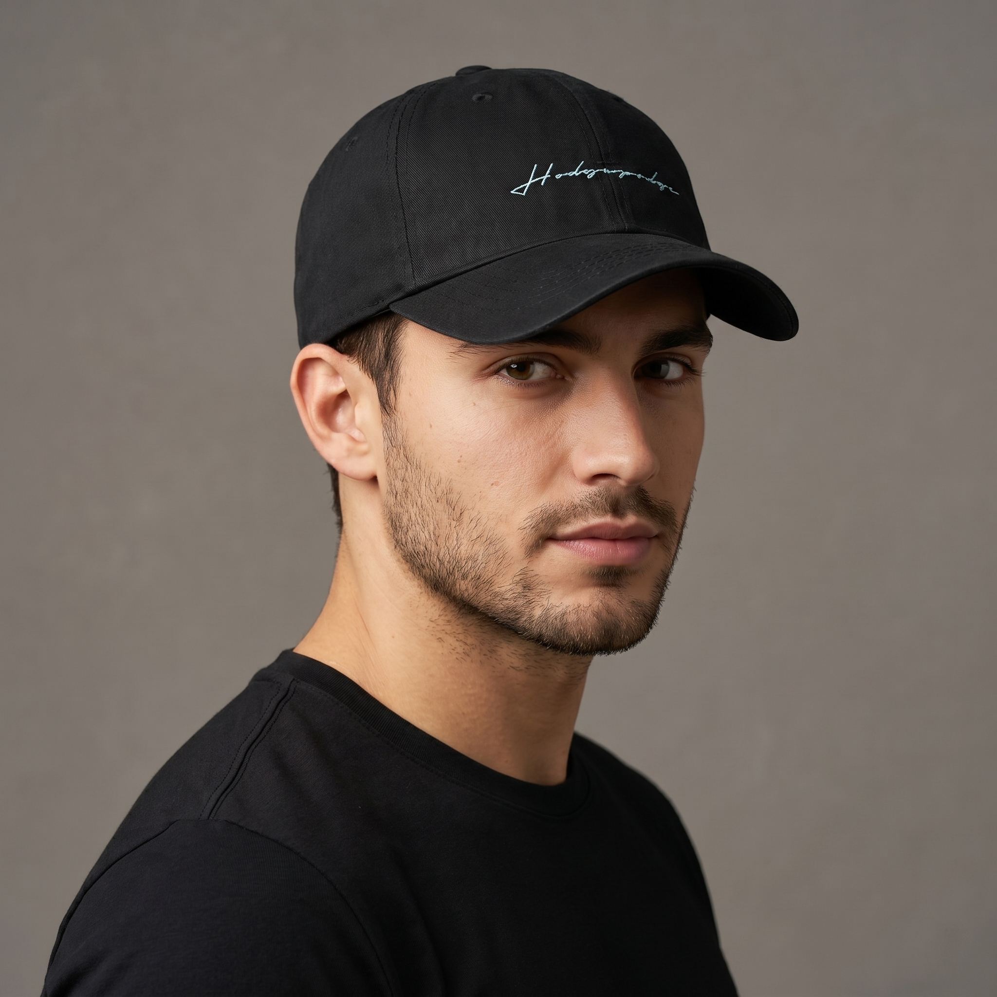 Minimalist Black Thrifted Dad Hat with Teal Cursive Embroidery