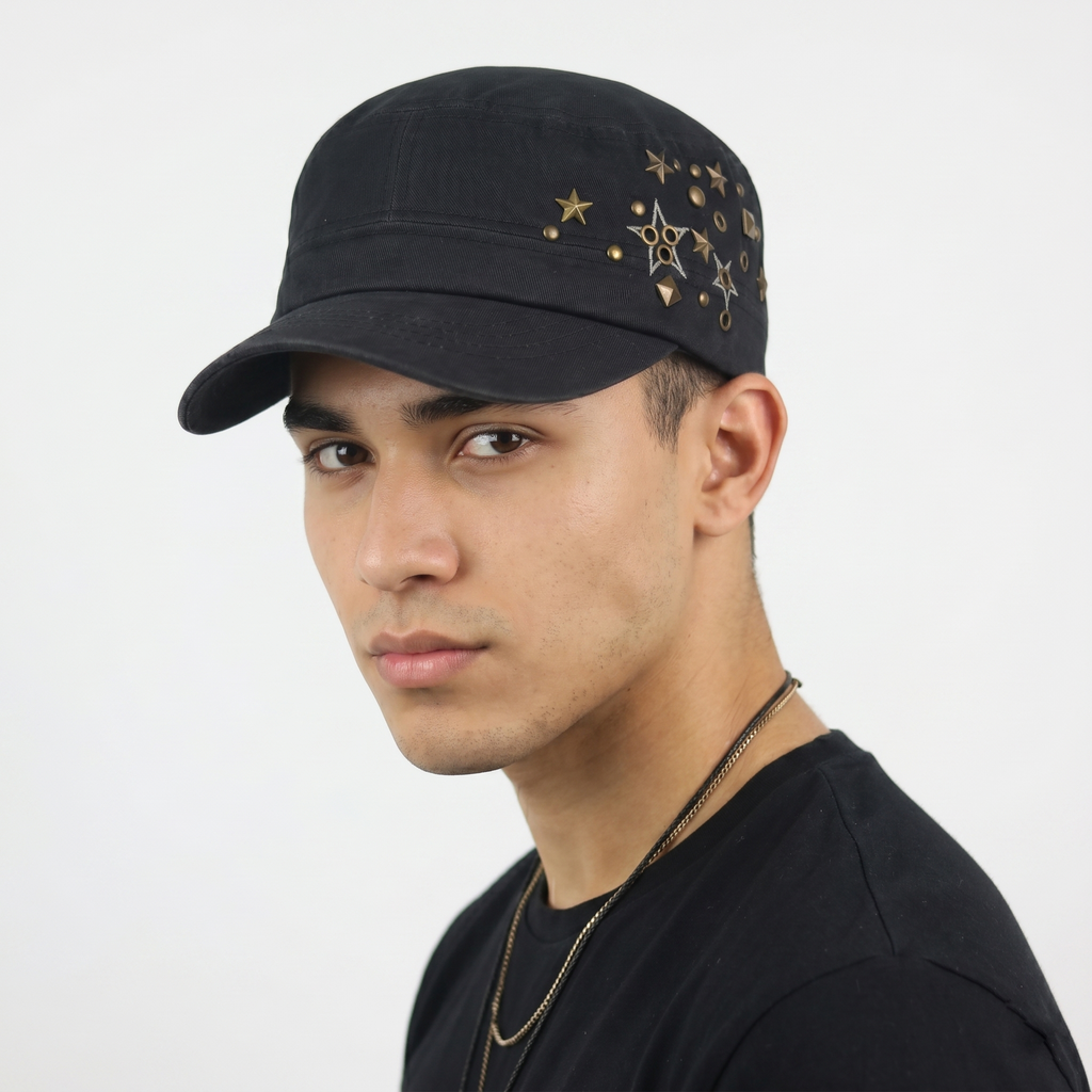 Grunge Punk Black Canvas Star Patch Studded Cadet Hat