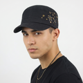 Grunge Punk Black Canvas Star Patch Studded Cadet Hat