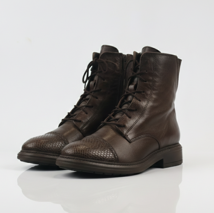Vintage Brown Leather Lace-Up Boots with Snakeskin Detail
