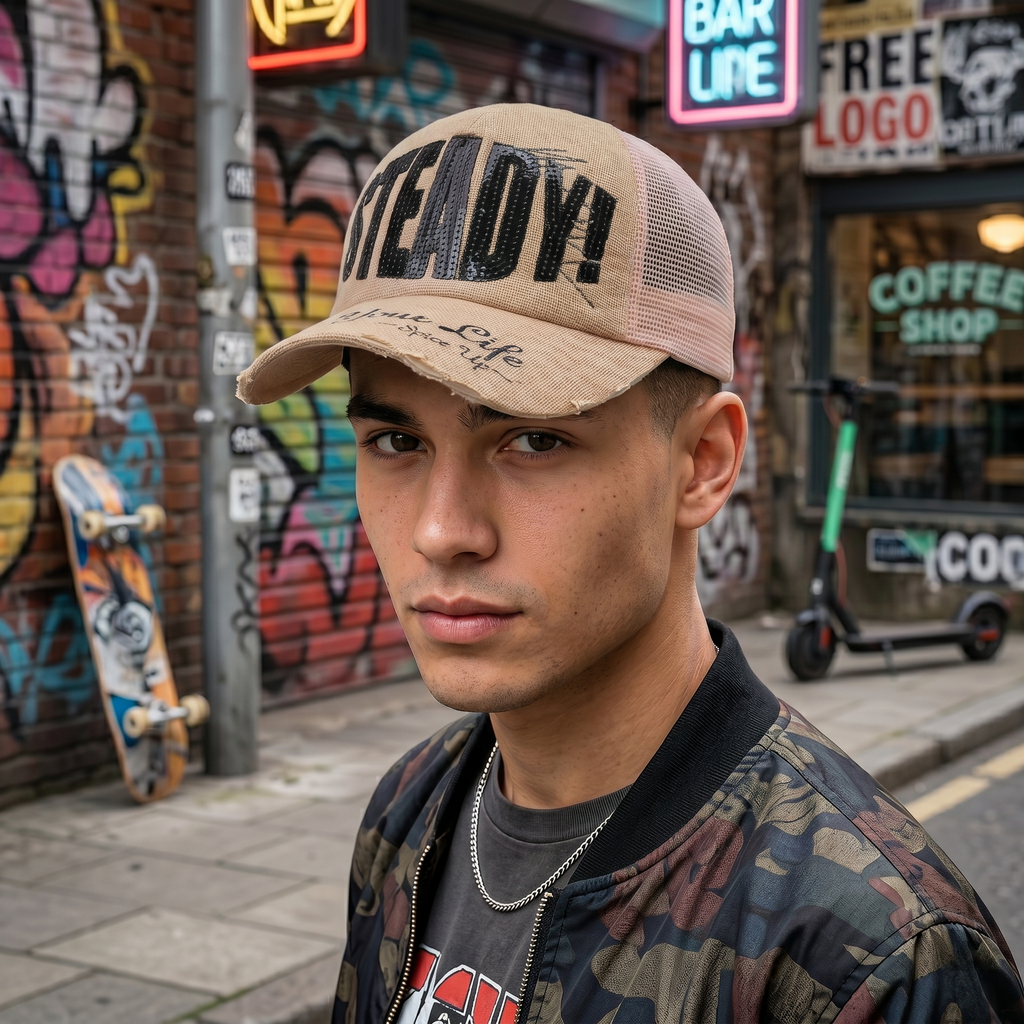 Distressed Sequin Graphic Trucker Hat - Pink & Tan Mesh Snapback
