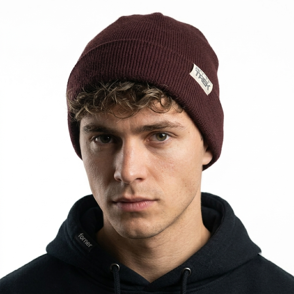 Thrifted Arctic Trek Maroon Ribbed Knit Beanie Hat
