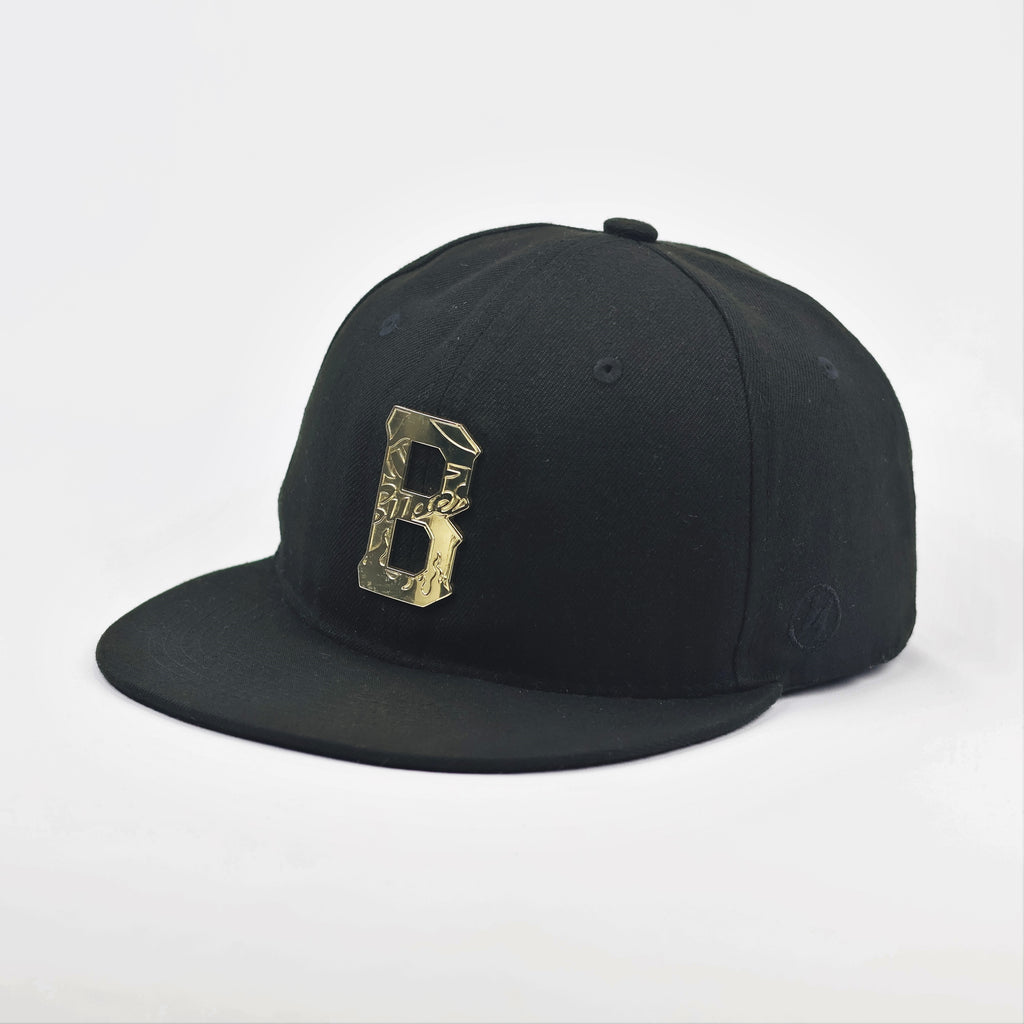 Super Massive Bound Black Snapback Thrifted Hat - Gold Metallic "B" Logo Cap (56-59cm)