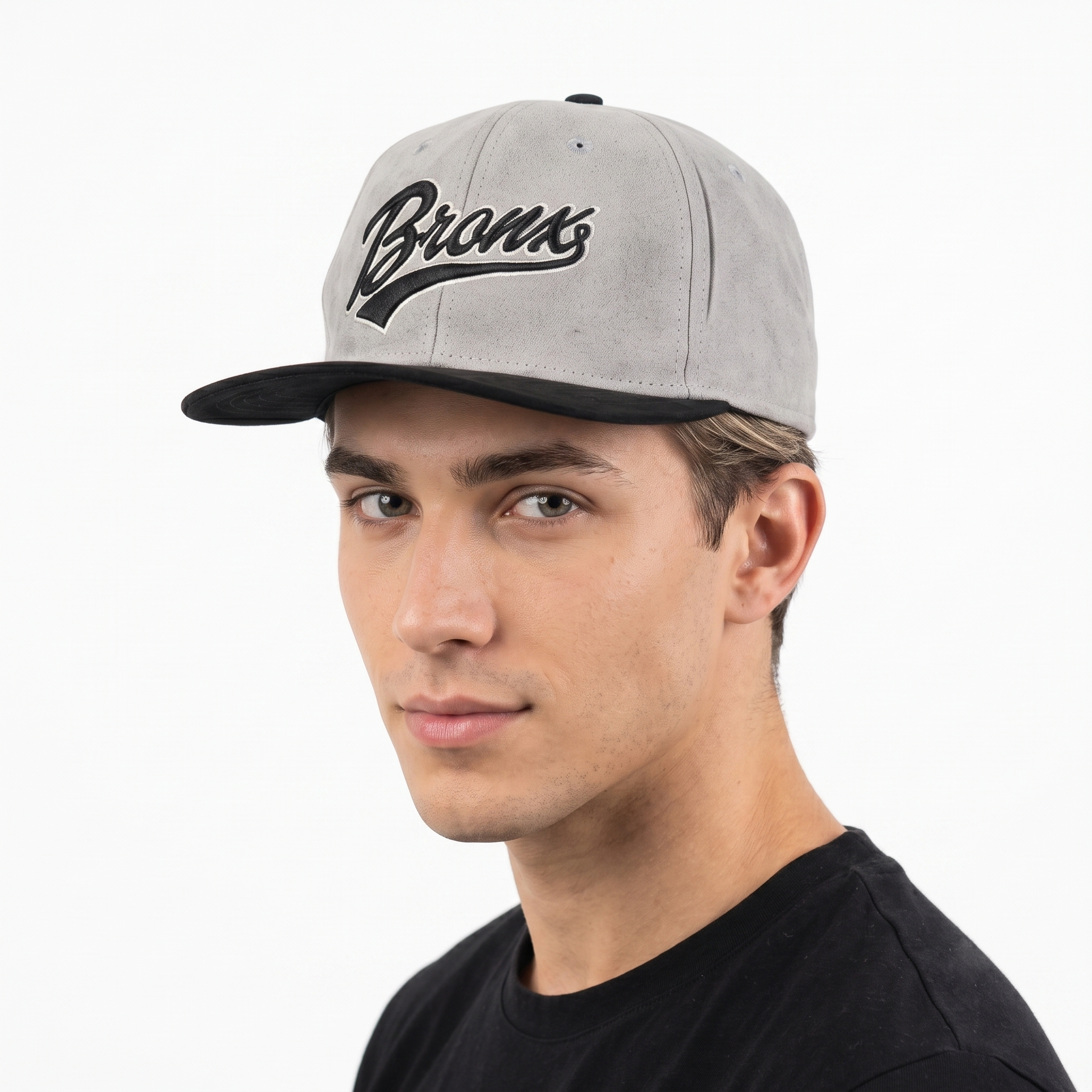 Vintage Primark Grey Faux Suede Bronx Embroidered Flat Brim Snapback Hat