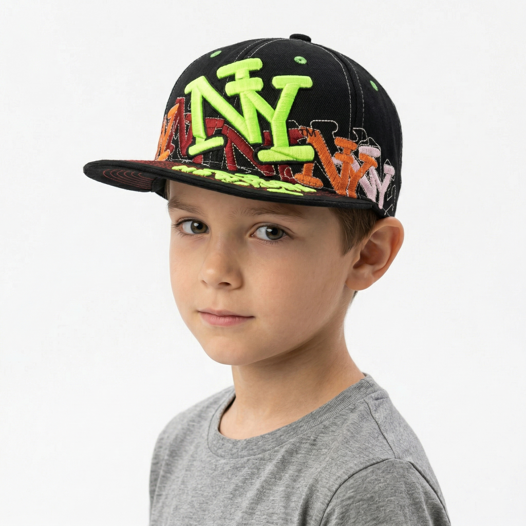 Kids Neon Graffiti New York Flat Brim Thrifted Cap | Black & Lime NY Snapback Hat