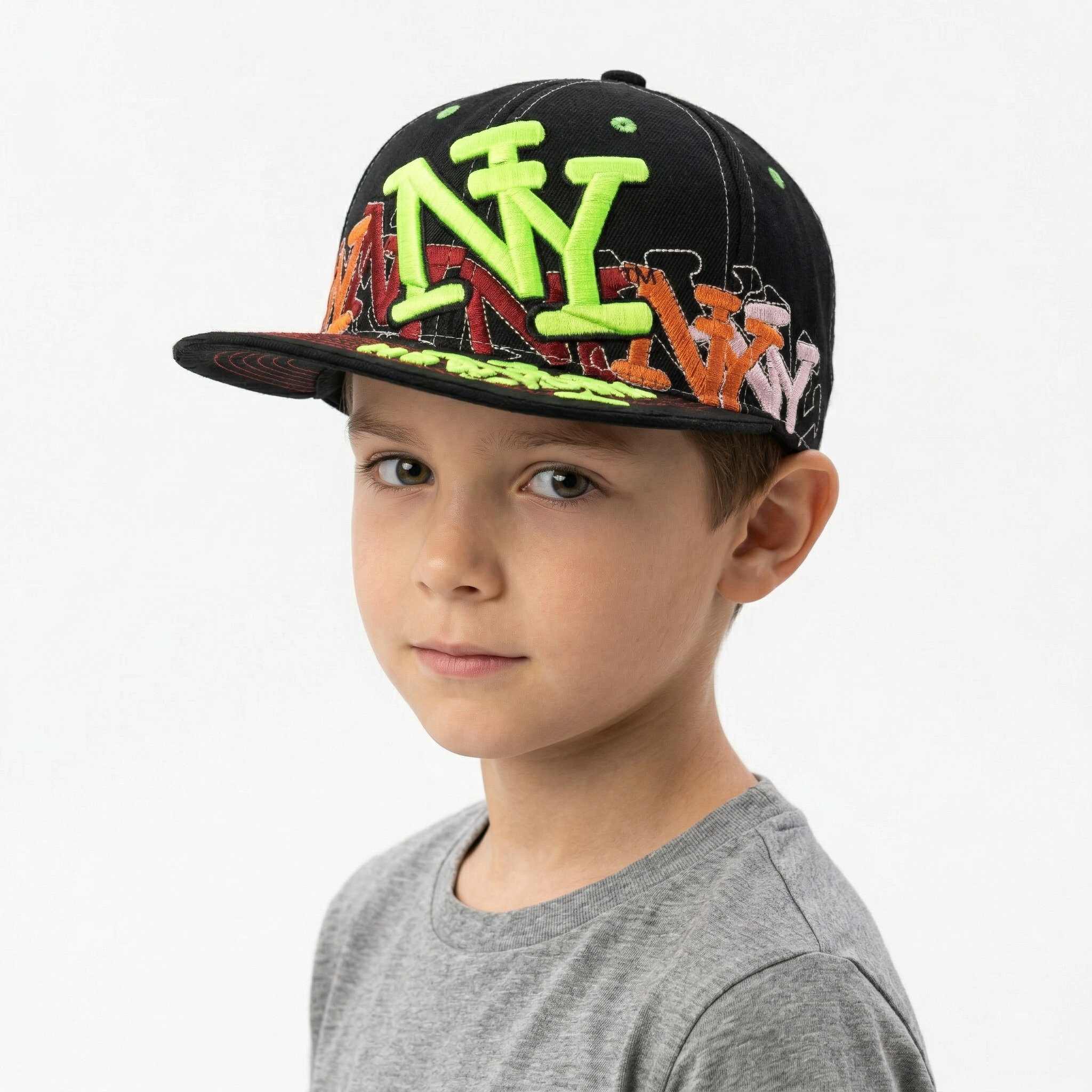 Kids Neon Graffiti New York Flat Brim Thrifted Cap | Black & Lime NY Snapback Hat