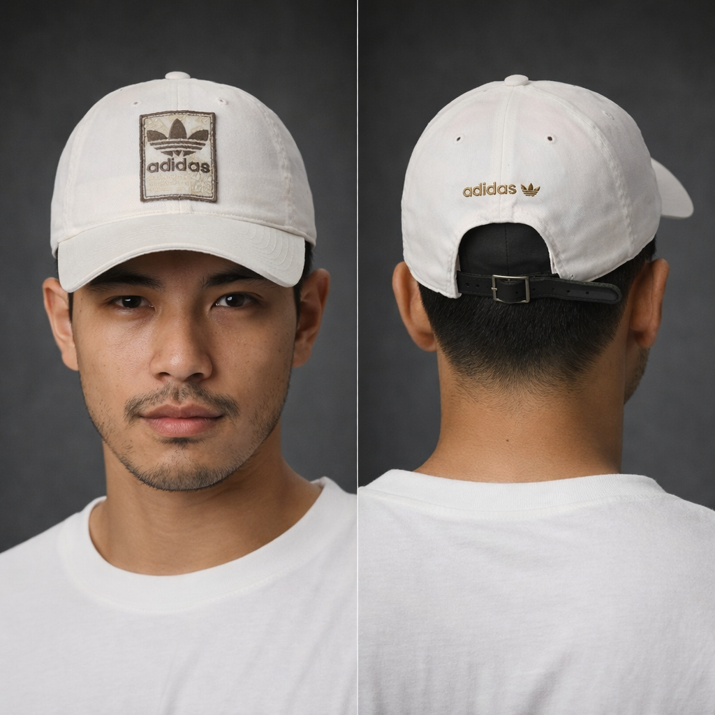 Thrifted adidas Originals Cream Cotton Cap with Leather Strap