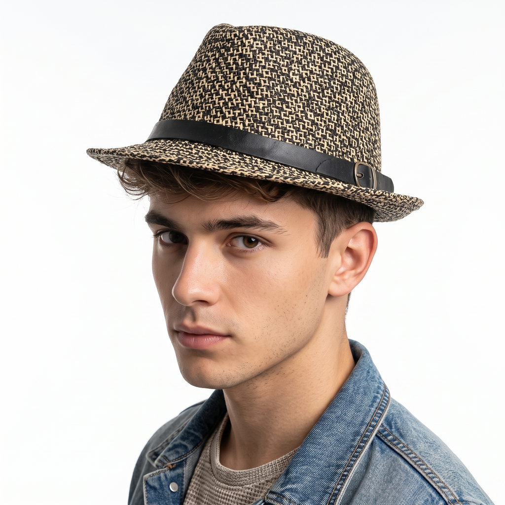 Thrifted Two-Tone Woven Straw Trilby Summer Hat (Size 57 cm)
