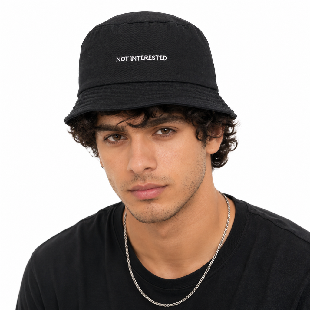 Vintage Not Interested Embroidered Black Bucket Hat