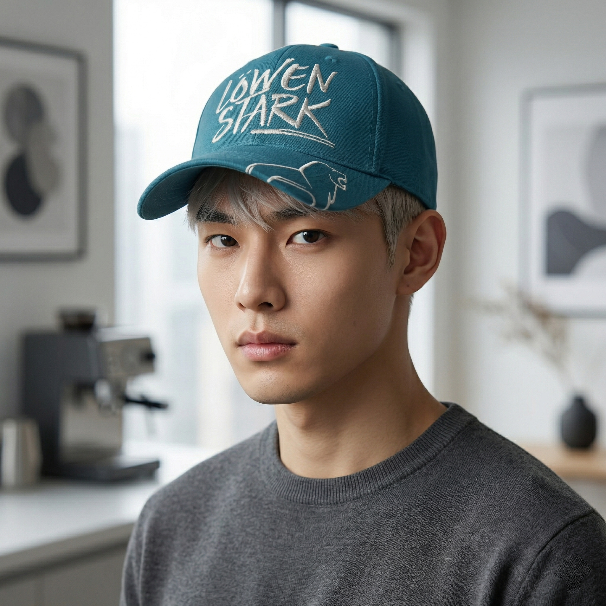 Vintage Teal Cotton Snapback Hat - Löwen Stark Lion Graphic - 55-57cm