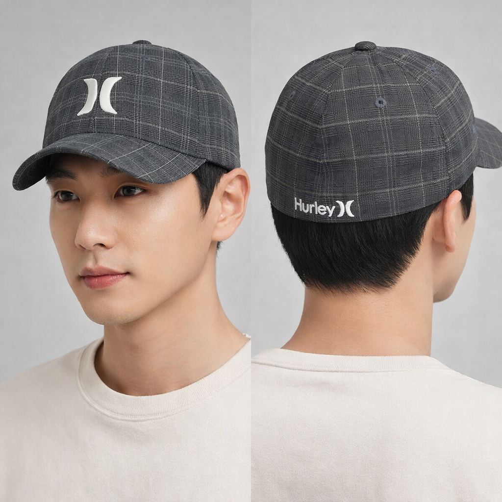 Hurley Vintage Flexfit Plaid Thrifted Baseball Cap – Black & Grey