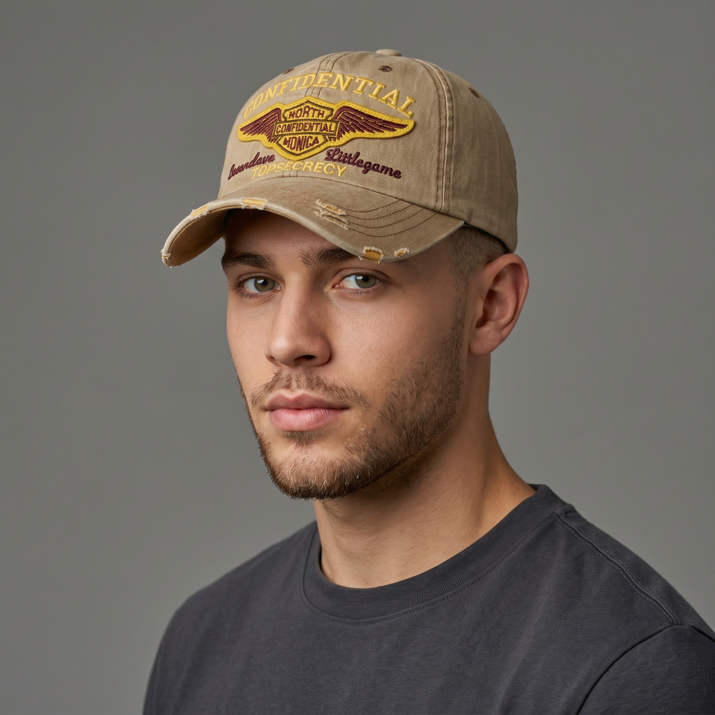 Retro Khaki Biker Style Cap with Thrasher Back Embroidery & Sun-Faded Look