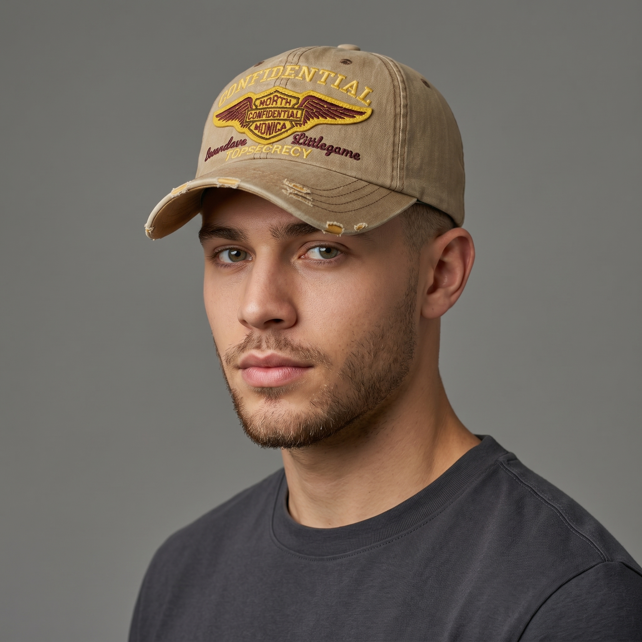 Retro Khaki Biker Style Cap with Thrasher Back Embroidery & Sun-Faded Look