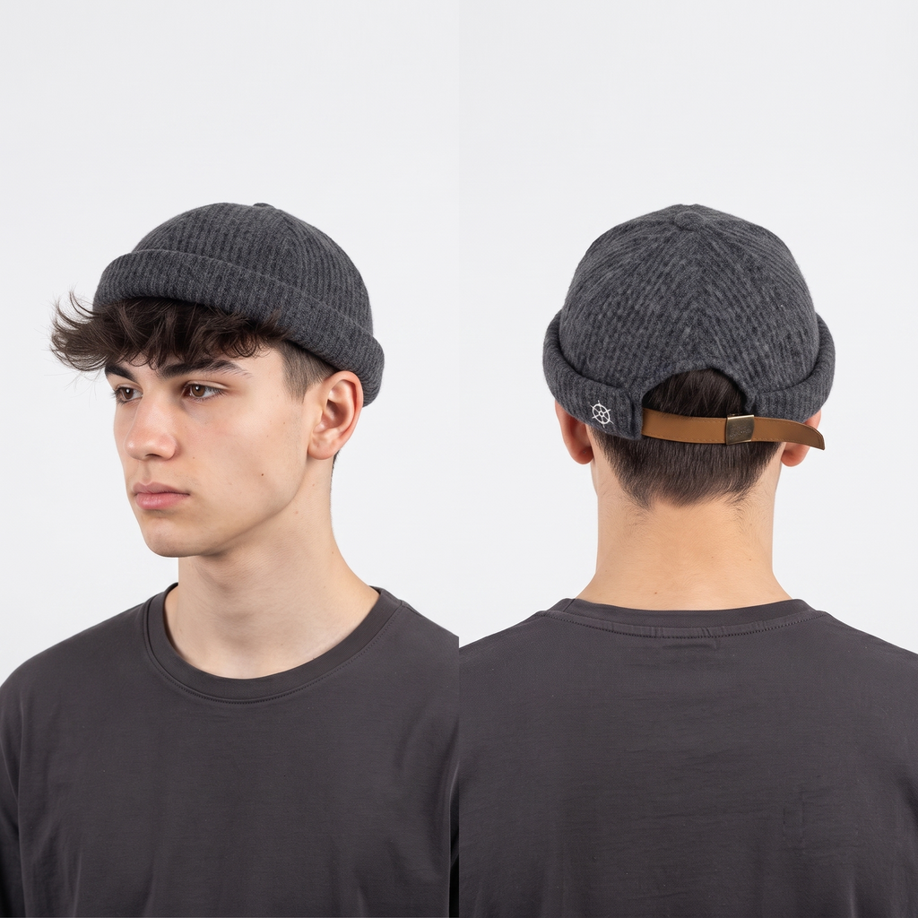 Thrifted Wayward Charcoal Grey Knit Miki Cap with Tan Leather Strap