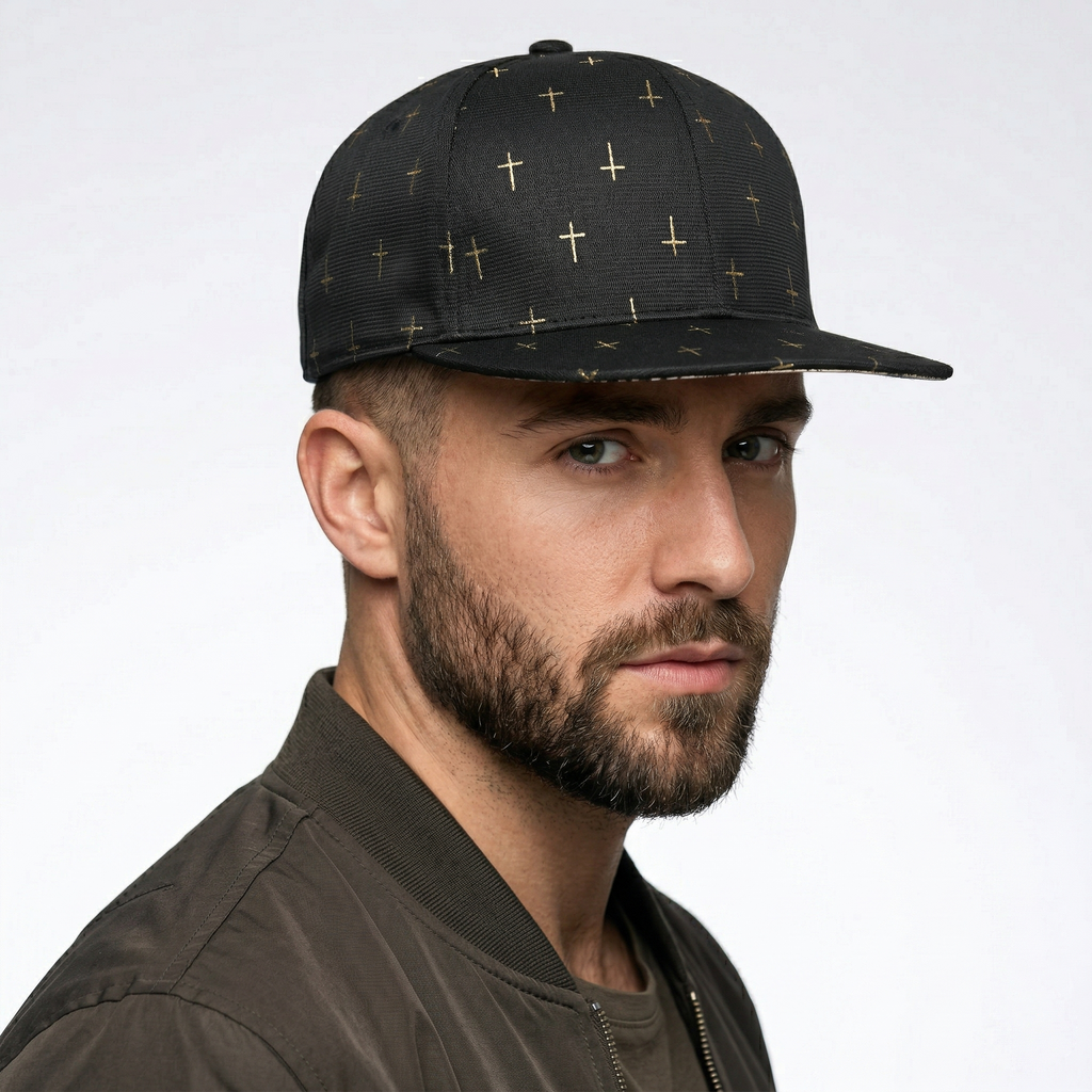 Gothic Gold Cross Pattern Snapback Hat - Black Streetwear Cap