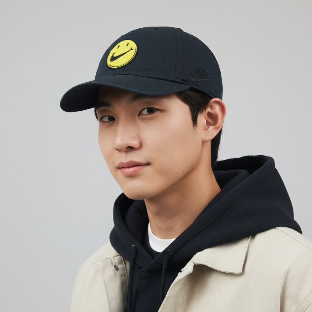 Nike Heritage86 Graphic Thrifted Cap - Black with Yellow Smiley Face Logo