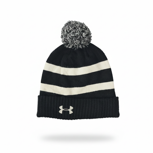 Under Armour Youth Black and white Pom Thrifted Beanie - ColdGear Winter Hat