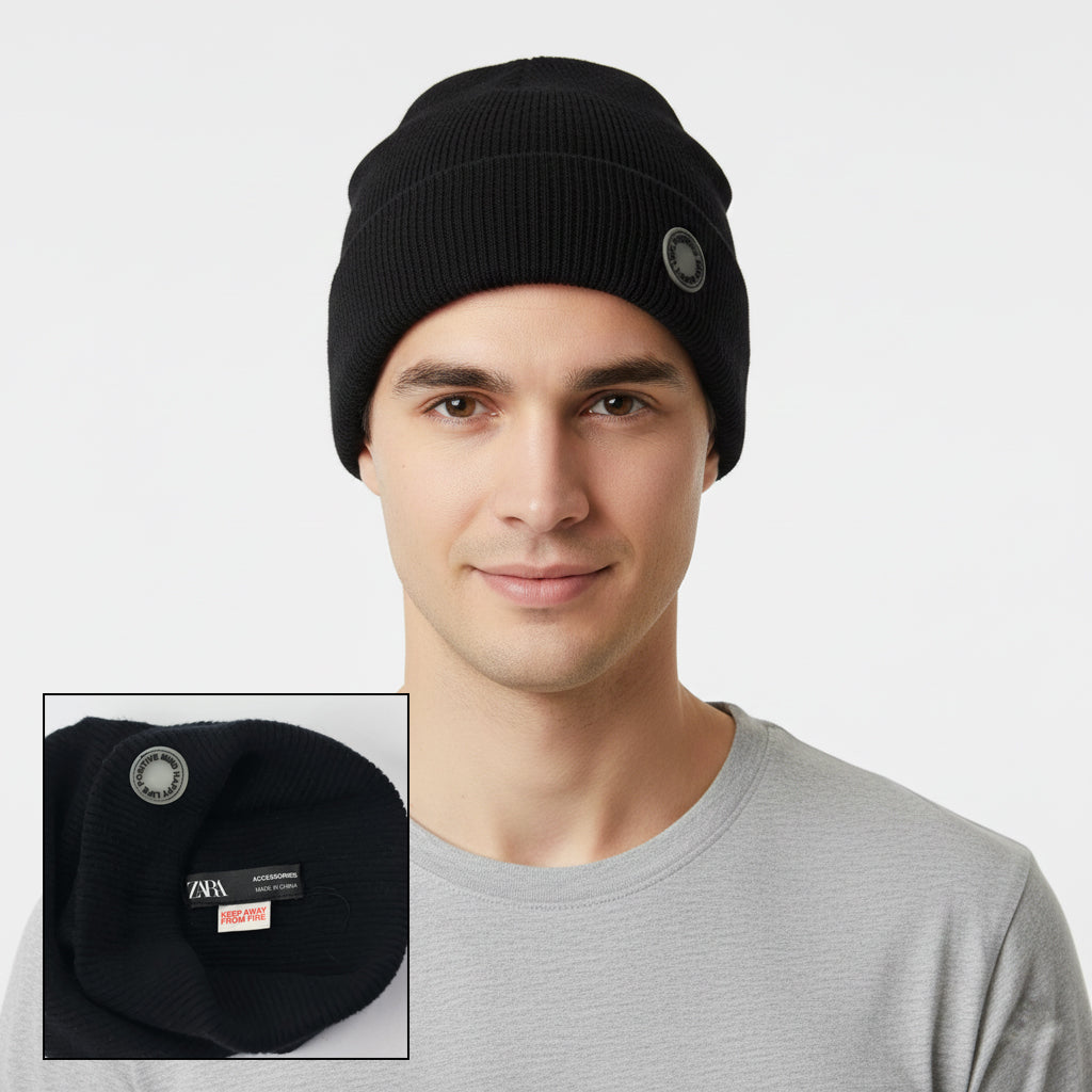 Zara Men’s Black Ribbed Thrifted Beanie – Minimalist Knit Winter Cap
