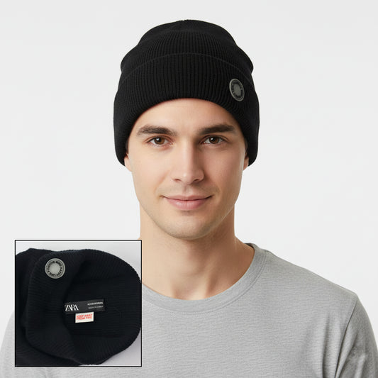 Zara Men’s Black Ribbed Thrifted Beanie – Minimalist Knit Winter Cap