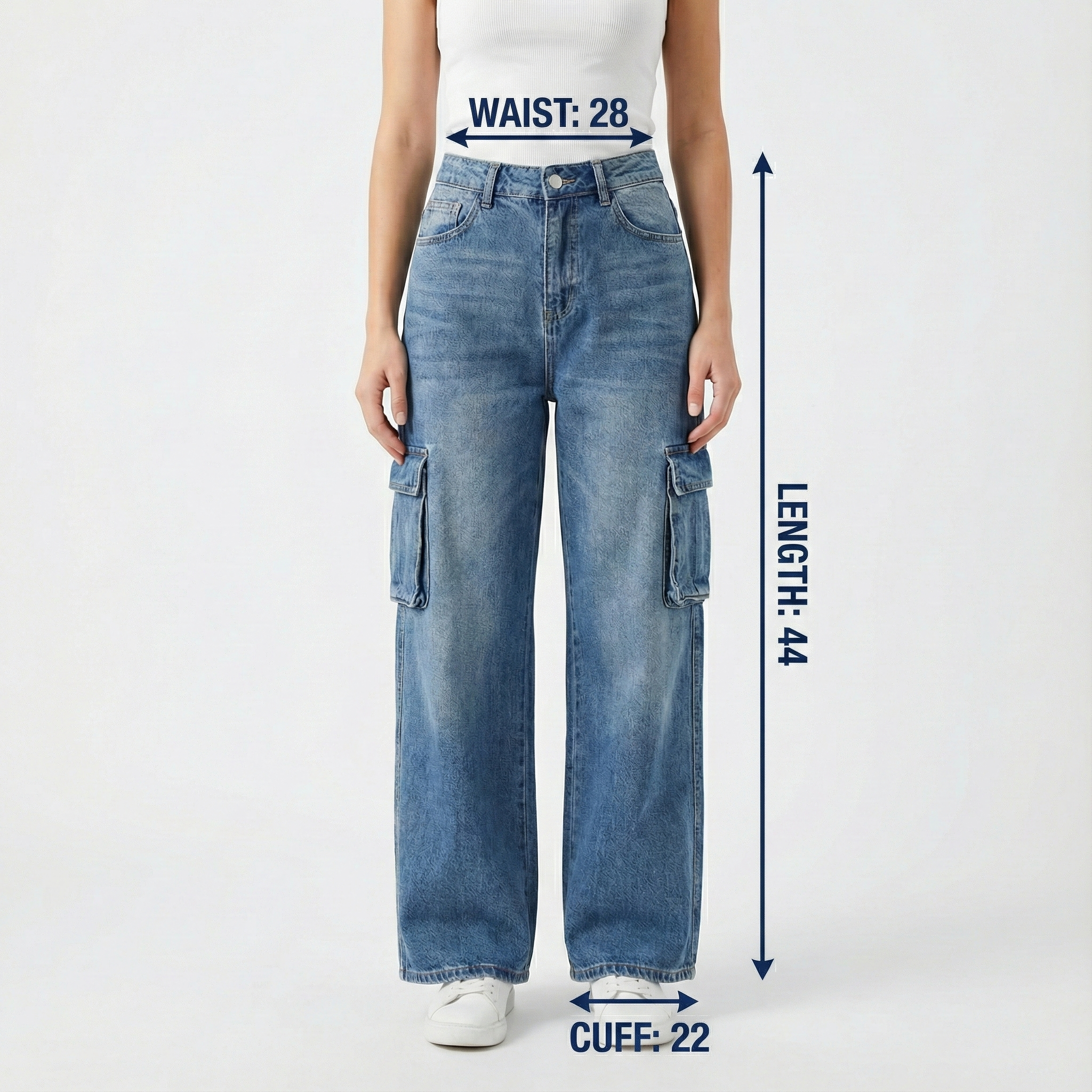 Vintage Blue Wide-Leg Cargo Jeans for women – Size M | Streetwear Denim with Side Pockets