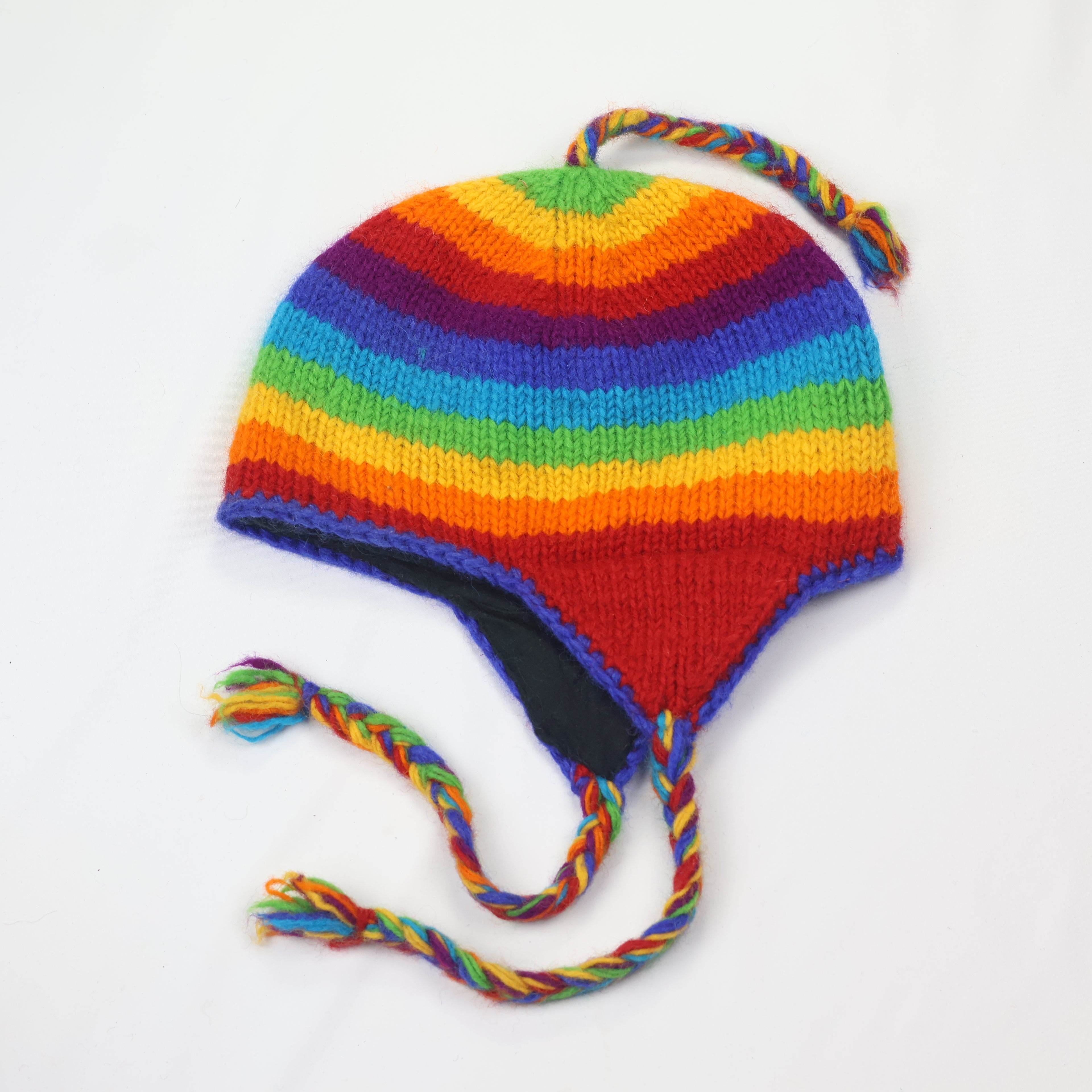 100% Wool Rainbow Earflap Beanie | Handmade in Nepal | Fleece Lined Hippie Hat