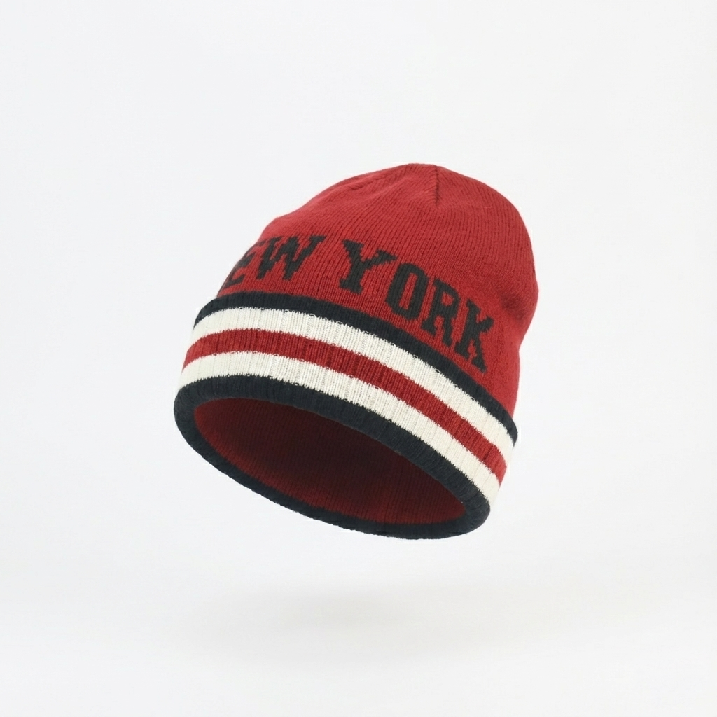 Red New York Spellout Knit Thrifted Beanie – Striped Cuff Winter Hat