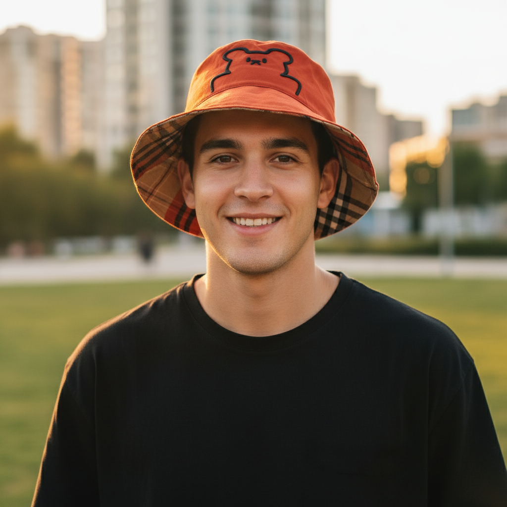 Reversible Bucket Hat - Orange & Plaid (56-58cm)