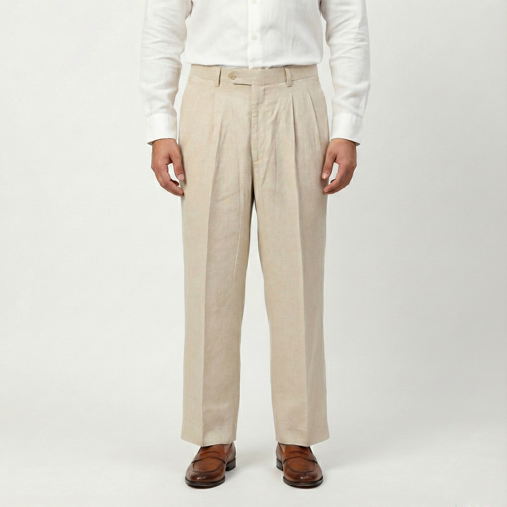 Men’s Beige Linen-Blend Pleated Formal Trousers – MEN’S CLUB | Waist 33 | Lightweight Summer Pants
