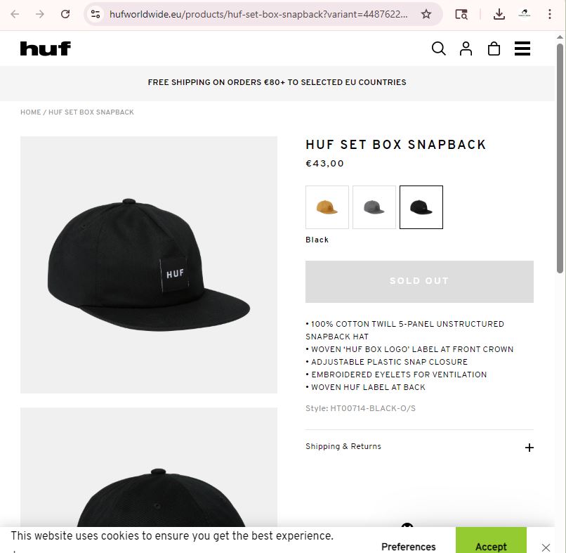 HUF Worldwide Box Logo Thrifted Snapback Hat - Black Streetwear Cap